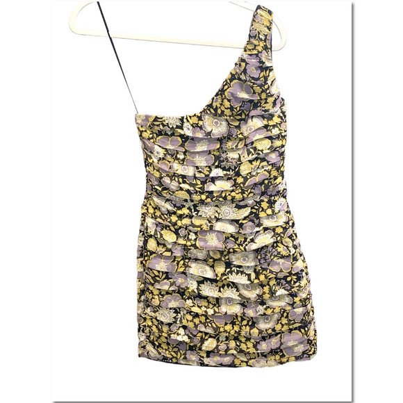 Zara Yellow Metallic Floral One Shoulder Dress Ruched Minidress Size S NWT - Picture 4 of 6
